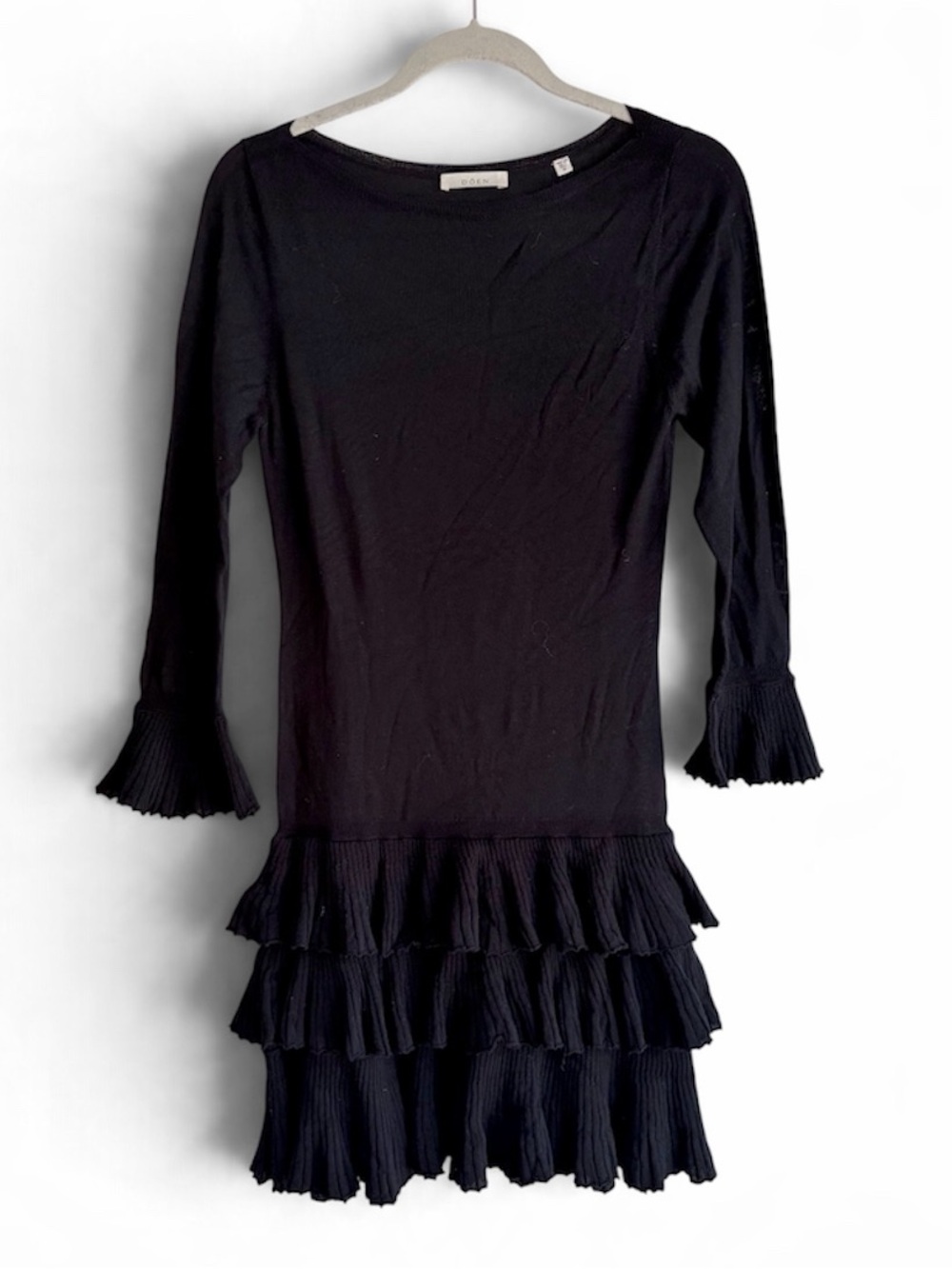 DÔEN Amelina Black Merino Wool Tiered Ruffle Sweater Dress Size M